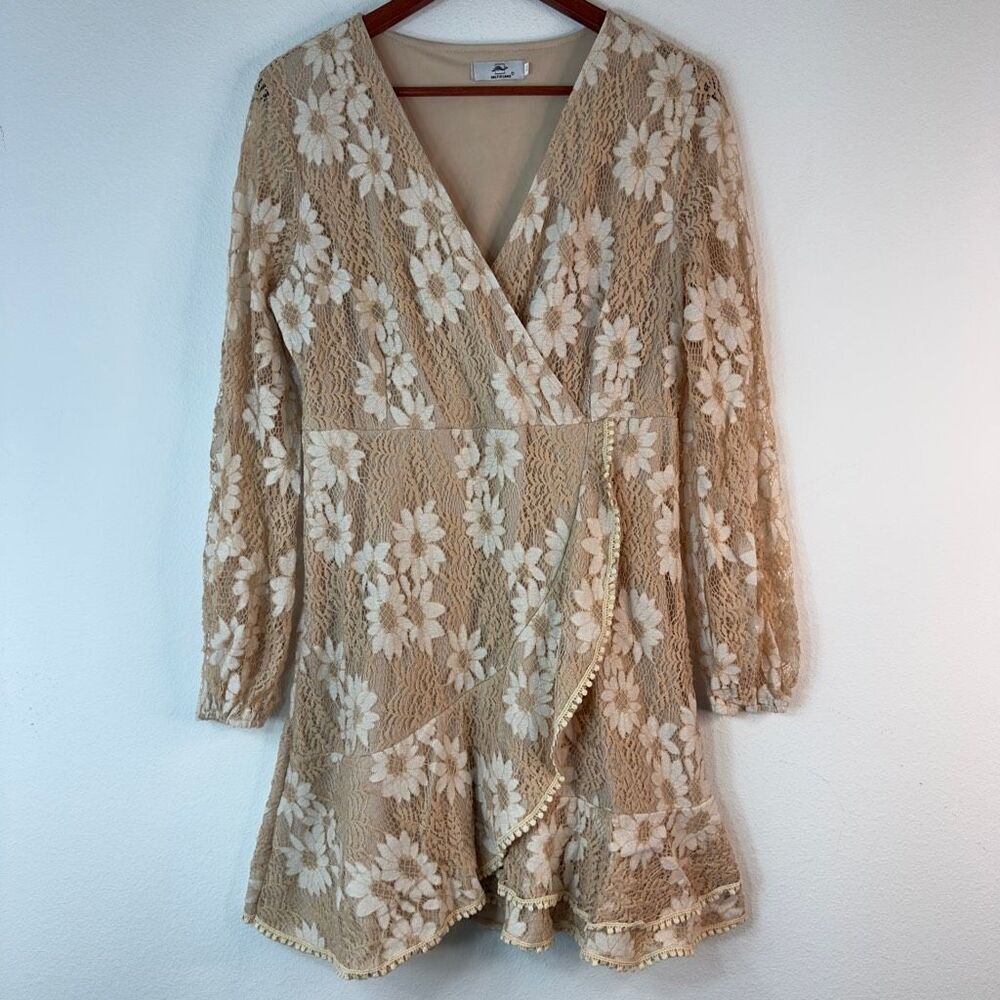 Half Island Floral Lace Faux Wrap Mini Dress Womens XL Boho Coastal Fairycore
